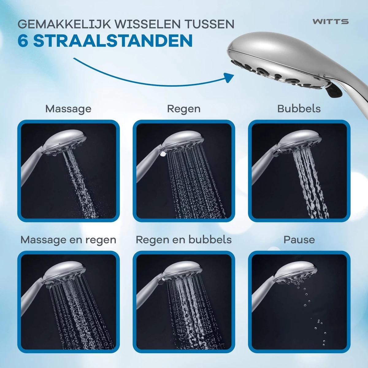 WITTS Douchekop - Waterbesparend - Hoge Kwaliteit - Handdouche ø 12cm - 6 Standen - Afbeelding 3