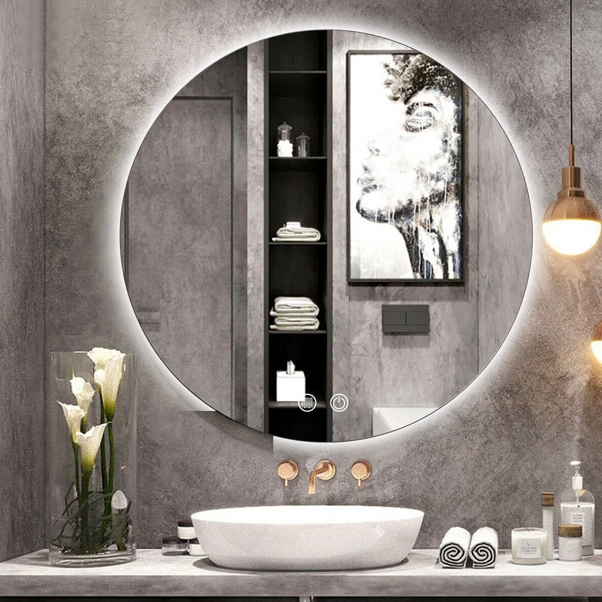 SensaHome - Led Wandspiegel Rond - Ronde Badkamerspiegel Frameloos Met LED Verlichting - Wand Gemonteerd - Anti-Condens - 2700K/4500K/6400K - Warm/Neutraal/Koud Wit - 50CM