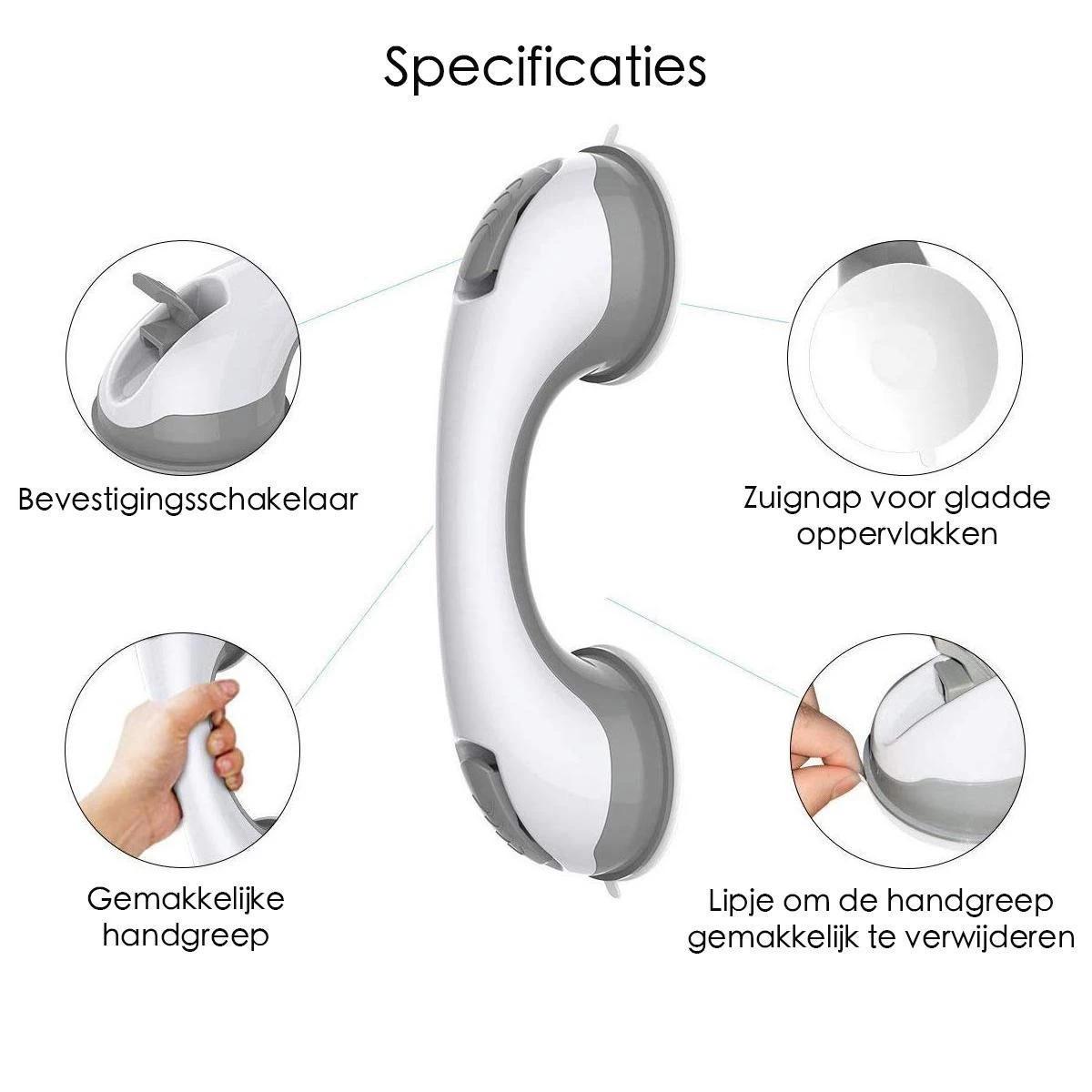 Merkloos Handgreep Met Zuignap Voor Badkamer, Douche En Toilet – Veilige Oplossing Zonder Boorgaten – Veiligheidsgreep – Helping Hand Handvat - 30CM - Handig Hulpmiddel Voor Kinderen En Ouderen - Afbeelding 2