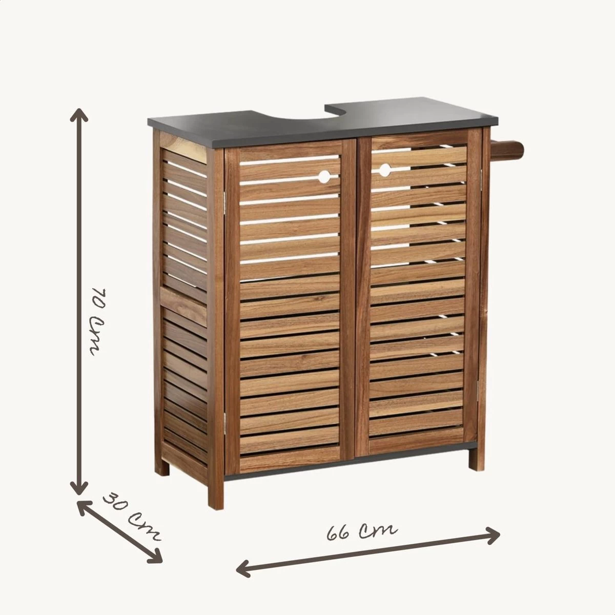 Merkloos Halmstad - Wastafel Onderkast - Wastafelmeubel - Badkamerkast - Met Handoekhouder - Acacia - H70 X B66 X D30 - Afbeelding 3
