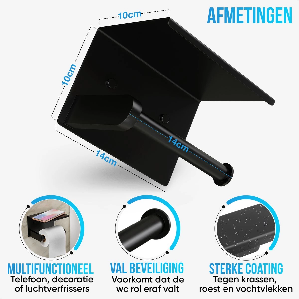 Strex WC Rolhouder Met Plankje - Zwart - Zelfklevend / Boren / Zonder Boren - Toiletrolhouder - WC Papier Houder - Afbeelding 4