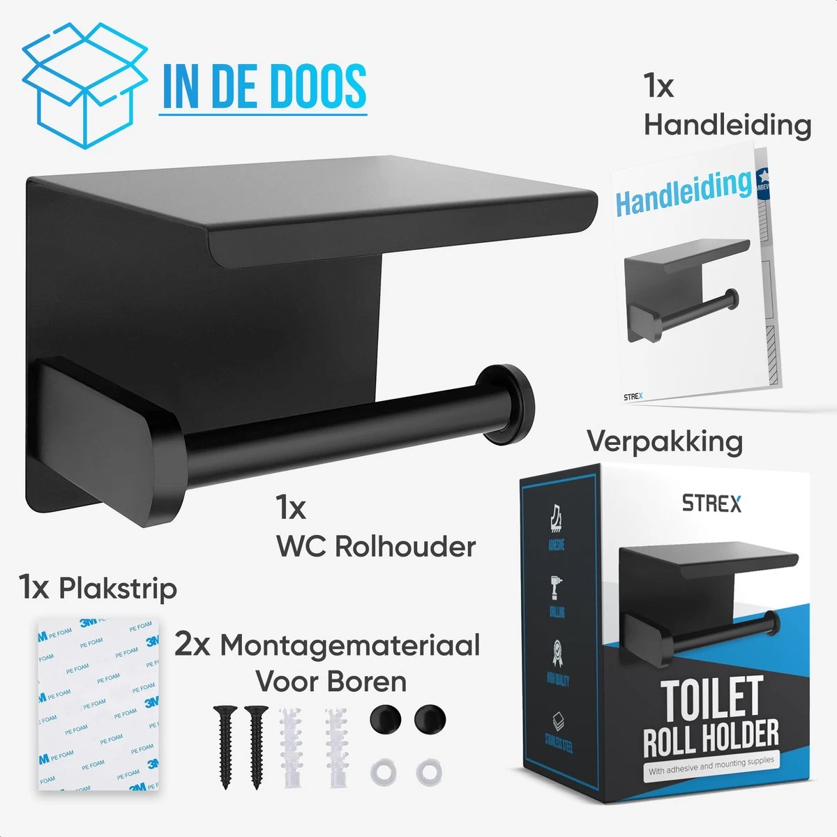 Strex WC Rolhouder Met Plankje - Zwart - Zelfklevend / Boren / Zonder Boren - Toiletrolhouder - WC Papier Houder - Afbeelding 8