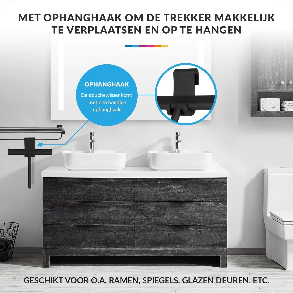 Douchewisser Met Ophanghaak – Trekker Douche – Douchetrekker Voor Badkamer – Raamwisser Douche – Zwart - Afbeelding 4