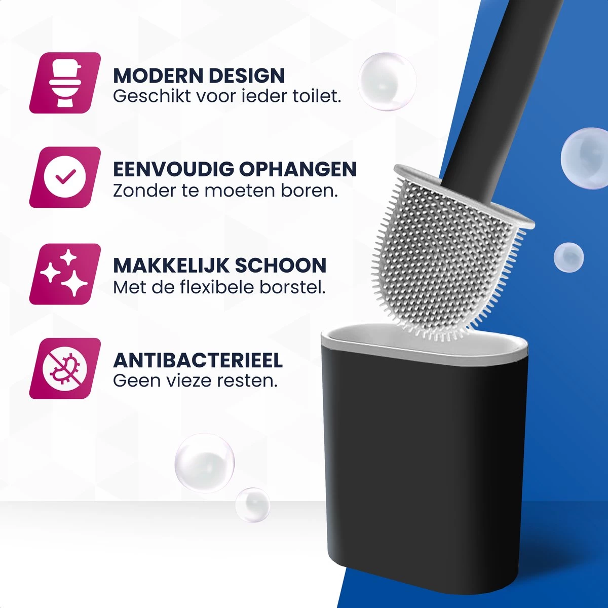 Roegaarden WC Borstel Met Houder – Toiletborstel – Siliconen – Vrijstaand En Hangend – Zwart - Afbeelding 2