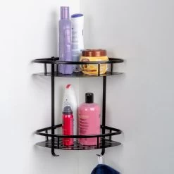 Merkloos Doucherek 2 Laags - Douche Rek Zwart Hangend - Incl 2 Haken Badkamer Accessoires