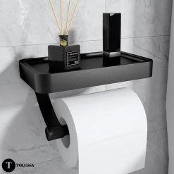Tolussa Premium WC Rolhouder Zwart Met Plankje - Toiletrolhouder Zwart Met Plankje - Met En Zonder Boren