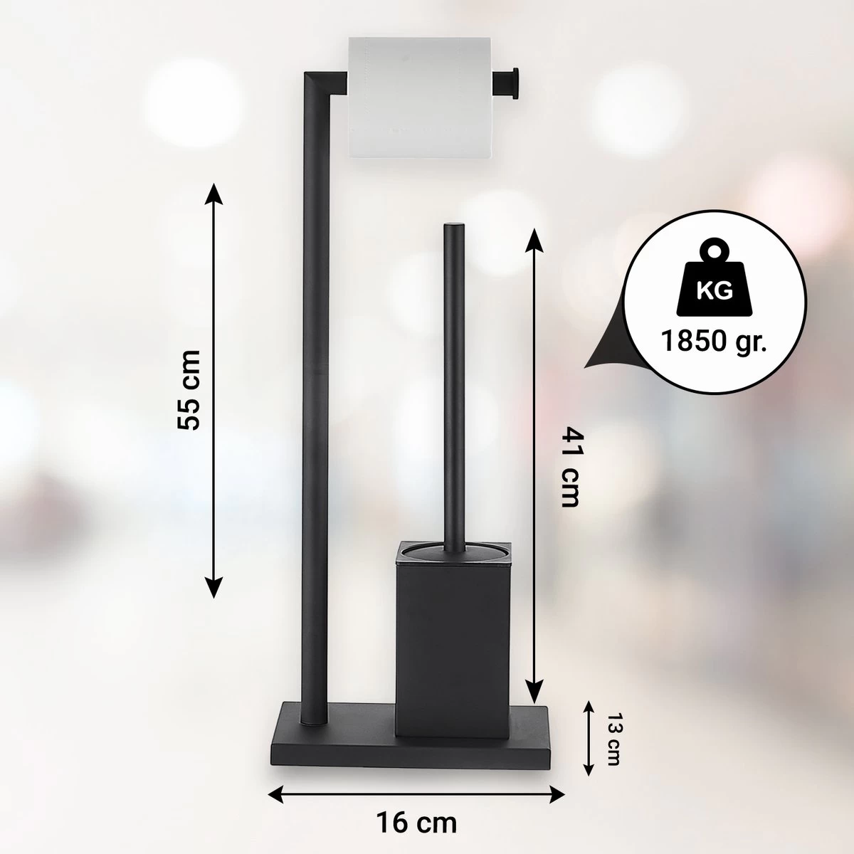 VDN Stainless Wc Rolhouder Staand - Wc Borstel Met Houder Zwart - Toiletrolhouder En Toiletborstel Met Houder - Vierkant - RVS - 2 In 1 - Afbeelding 3