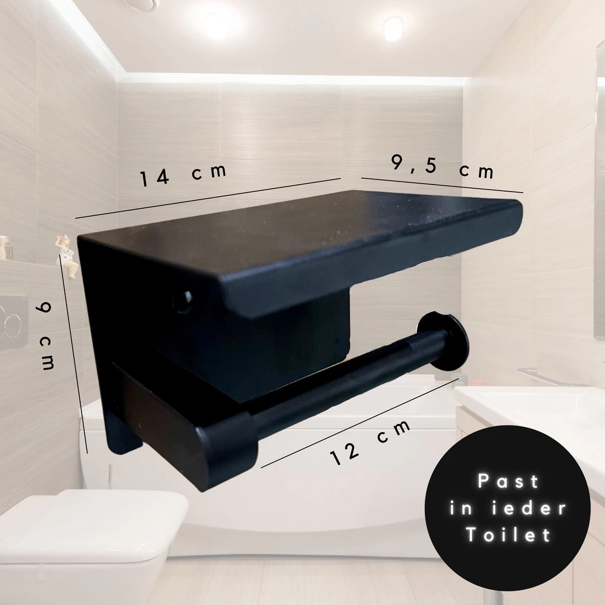 WC Rolhouder - Zelfklevend Toiletrolhouder Met Plankje - WC Papier Houder Zonder Boren - WC Rolhouder Met Plankje - Toiletrolhouder - Toiletrolhouder Zwart - Fienosa - Afbeelding 2