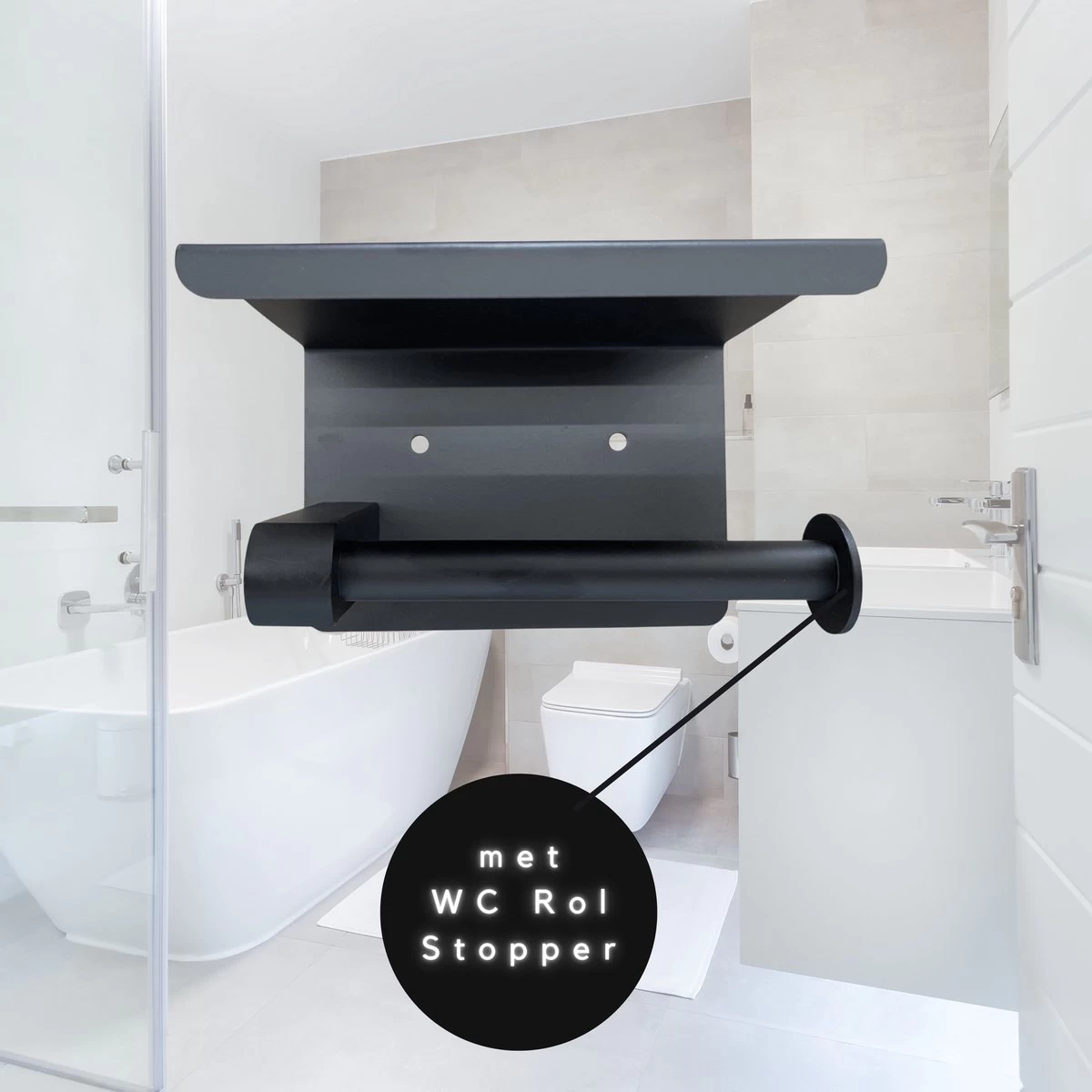 WC Rolhouder - Zelfklevend Toiletrolhouder Met Plankje - WC Papier Houder Zonder Boren - WC Rolhouder Met Plankje - Toiletrolhouder - Toiletrolhouder Zwart - Fienosa - Afbeelding 4