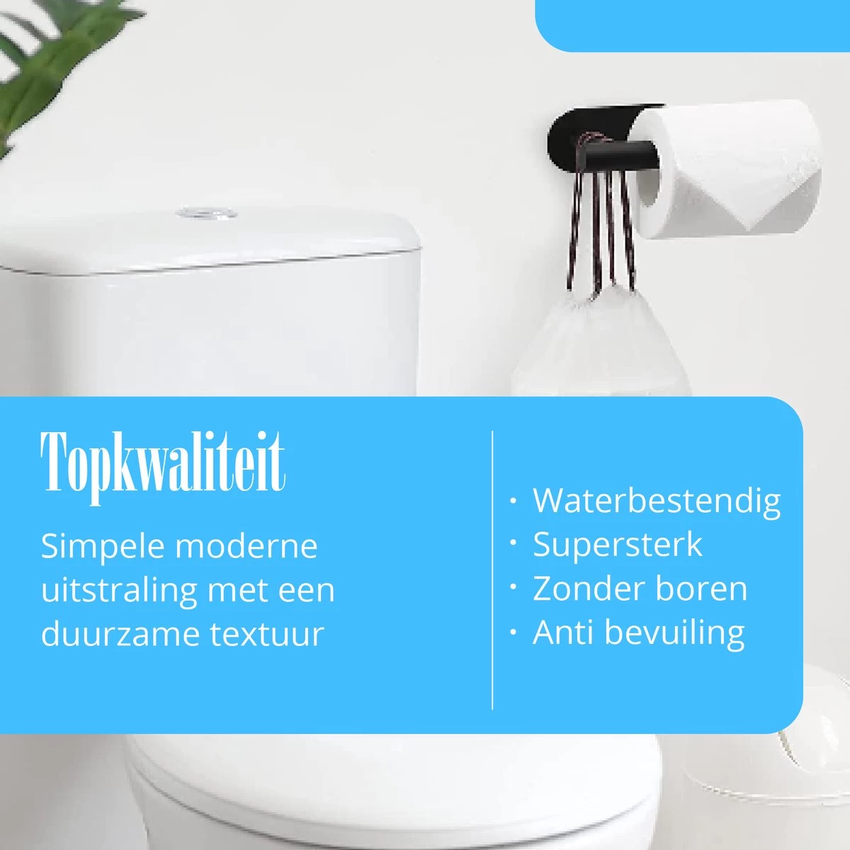 Flusive Toiletrolhouder Met 4 Handdoekhaakjes - Wc Rolhouder - Zelfklevend Zonder Boren - RVS - Zwart - Afbeelding 10