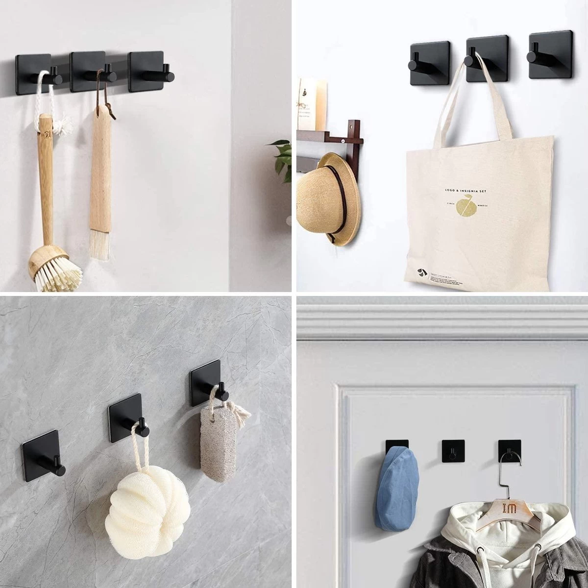 Merkloos Handdoekhaak 4 + 1 GRATIS Set Zonder Boren - RVS - Zwart - Vierkant Zelfklevend - Badjas - Theedoek Hanger Keuken Badkamer Handdoek Haakjes - Afbeelding 2