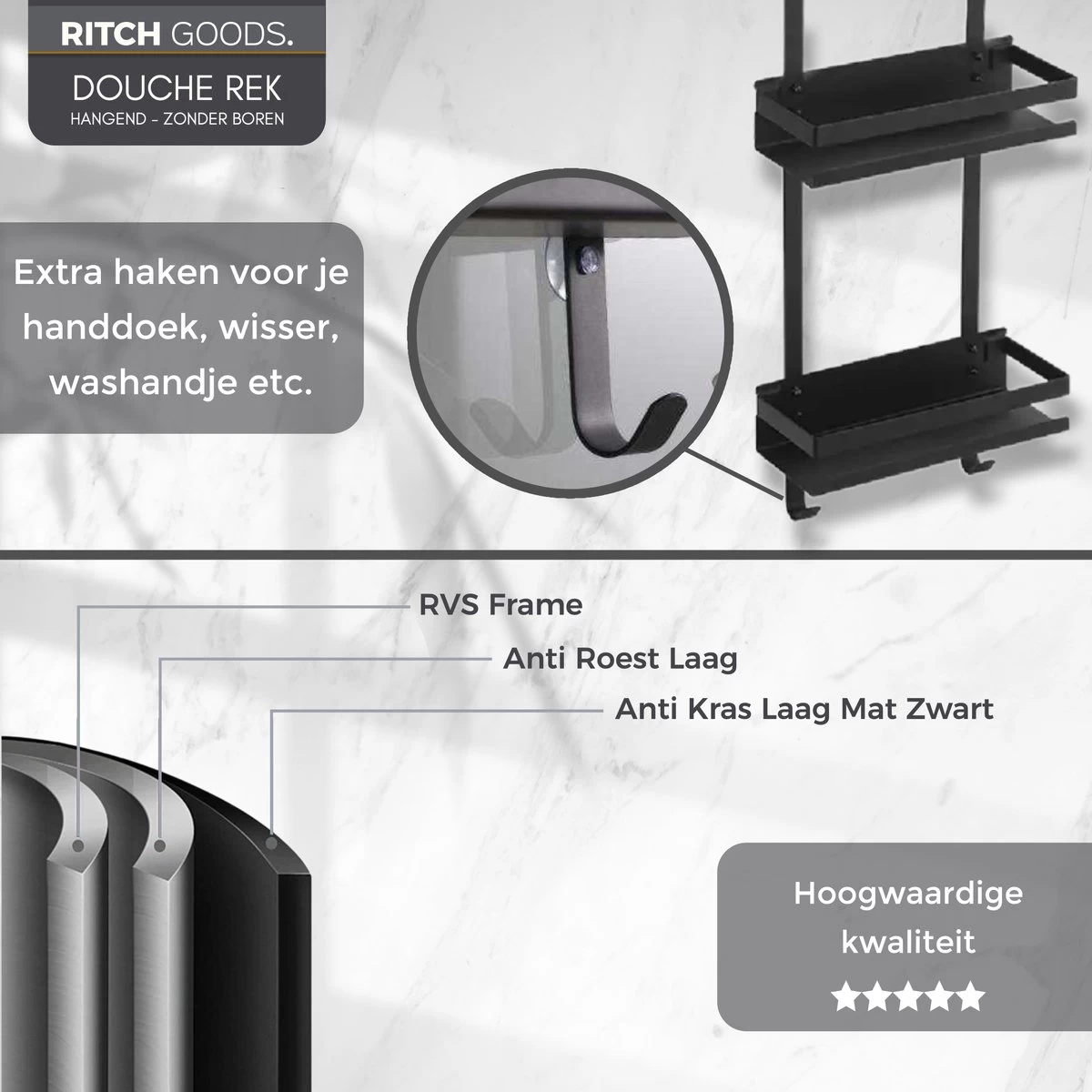 Merkloos Doucherek - Doucherek Zonder Boren - Doucherek Hangend - Zwart - RVS - Doucherekje - Badkamerrek - GRATIS DOUCHETIMER - Afbeelding 2
