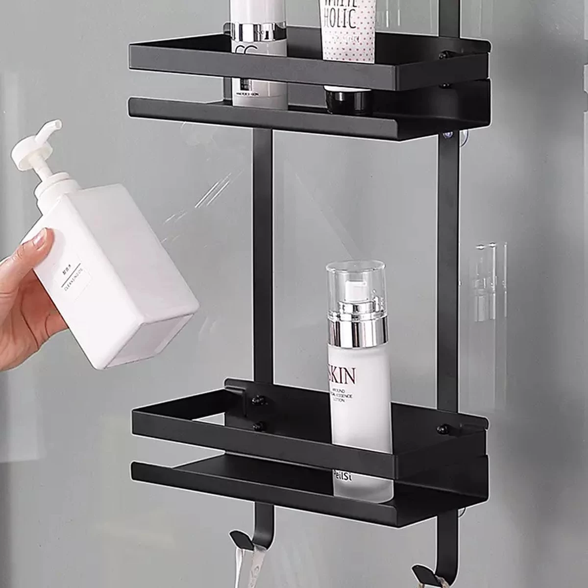 Merkloos Doucherek - Doucherek Zonder Boren - Doucherek Hangend - Zwart - RVS - Doucherekje - Badkamerrek - GRATIS DOUCHETIMER - Afbeelding 5