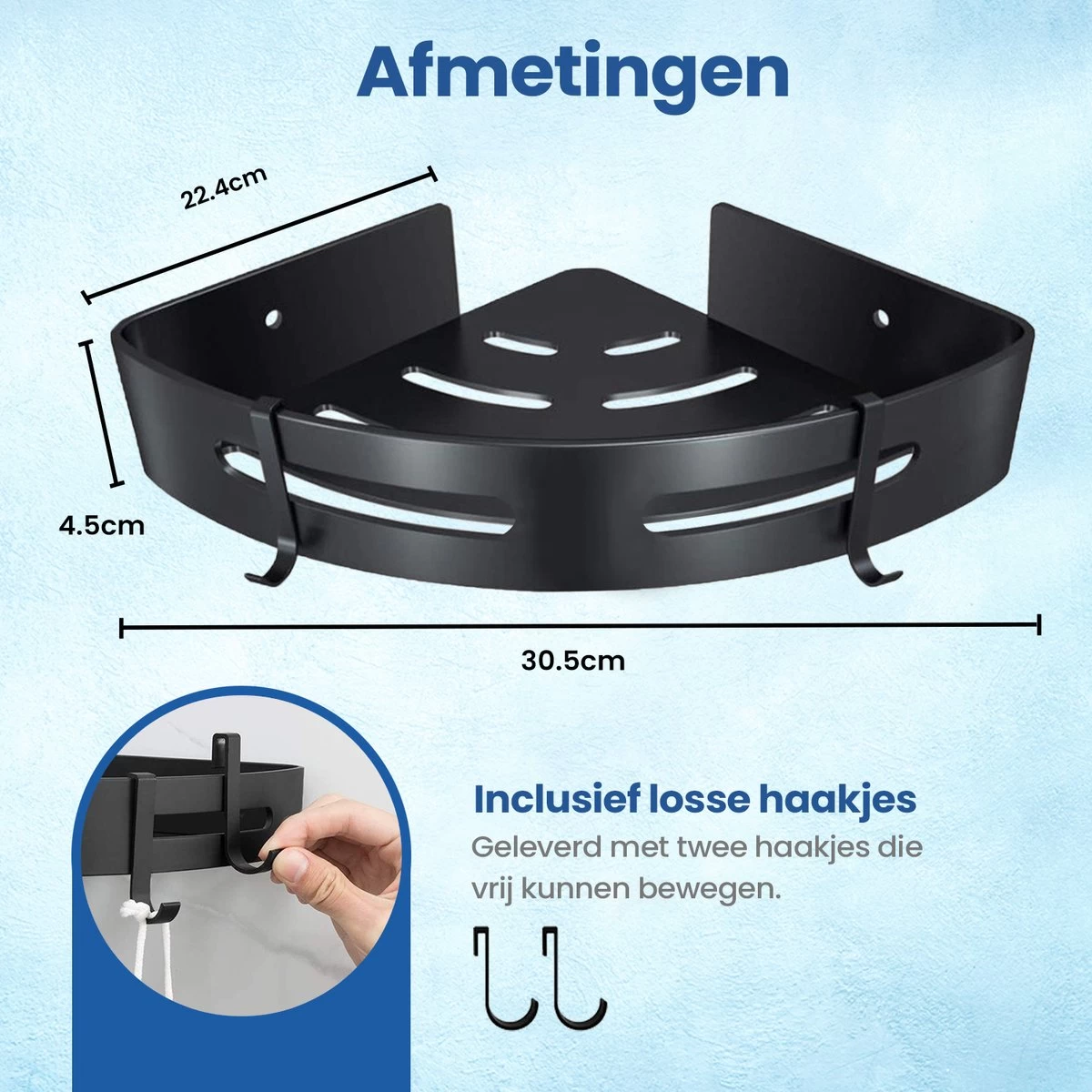 Merkloos Doucherek Zonder Boren – Doucherek – Badkamerrek – Zwart RVS – Zonder Boren – IP68 Waterdicht – 8KG Draagkracht – 2 Stuks - Afbeelding 2