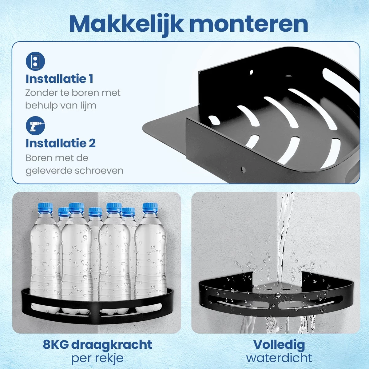 Merkloos Doucherek Zonder Boren – Doucherek – Badkamerrek – Zwart RVS – Zonder Boren – IP68 Waterdicht – 8KG Draagkracht – 2 Stuks - Afbeelding 5