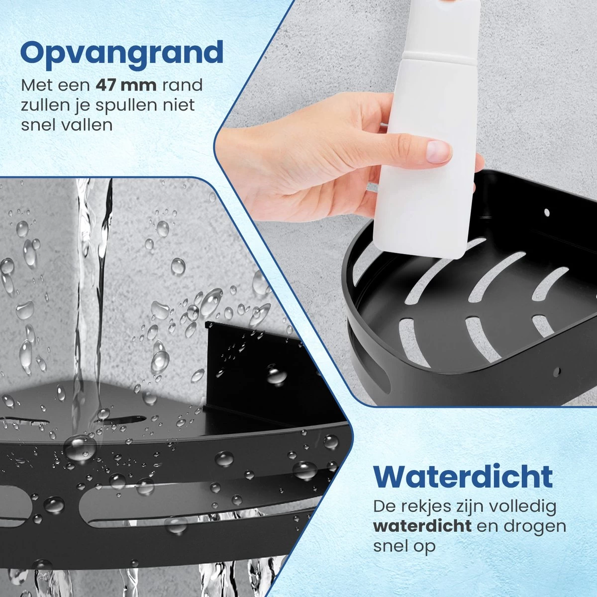 Merkloos Doucherek Zonder Boren – Doucherek – Badkamerrek – Zwart RVS – Zonder Boren – IP68 Waterdicht – 8KG Draagkracht – 2 Stuks - Afbeelding 8