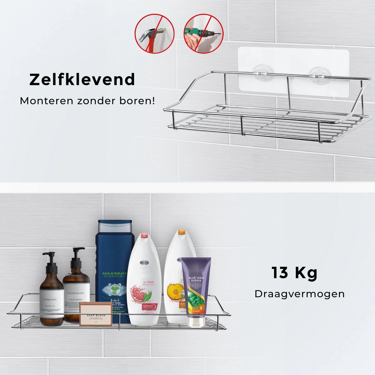 LifeGoods Zelfklevend Doucherek - 2 Stuks - Hangend Badkamer Rekje - Zonder Boren En Schroeven - RVS - Afbeelding 2