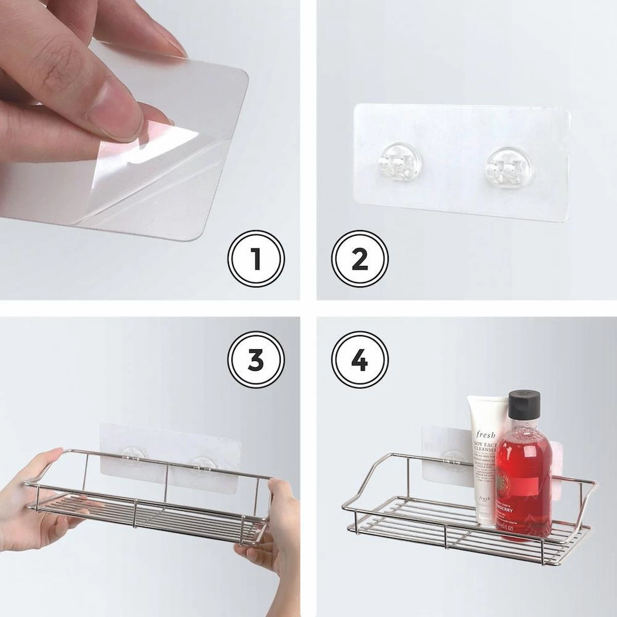 LifeGoods Zelfklevend Doucherek - 2 Stuks - Hangend Badkamer Rekje - Zonder Boren En Schroeven - RVS - Afbeelding 4