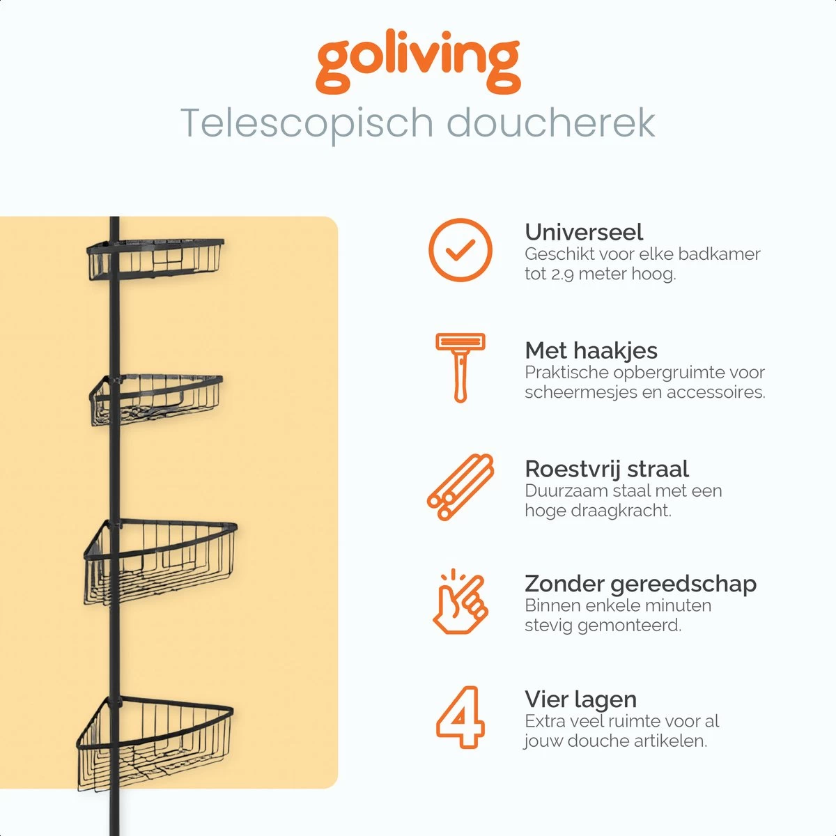 Goliving Doucherek - Doucherek Zonder Boren - Telescopisch Doucherek - Voor Plafonds Tot 2.9m Hoog - Zwart - Afbeelding 2