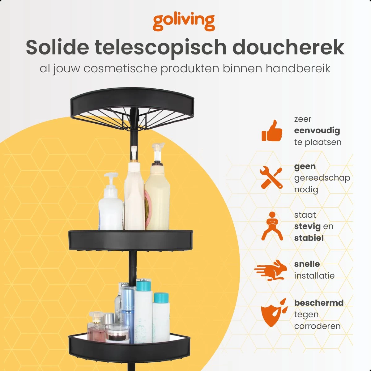 Goliving Doucherek - Doucherek Zonder Boren - Telescopisch Doucherek - Voor Plafonds Tot 2.9m Hoog - Dicht Design - Zwart - Afbeelding 3