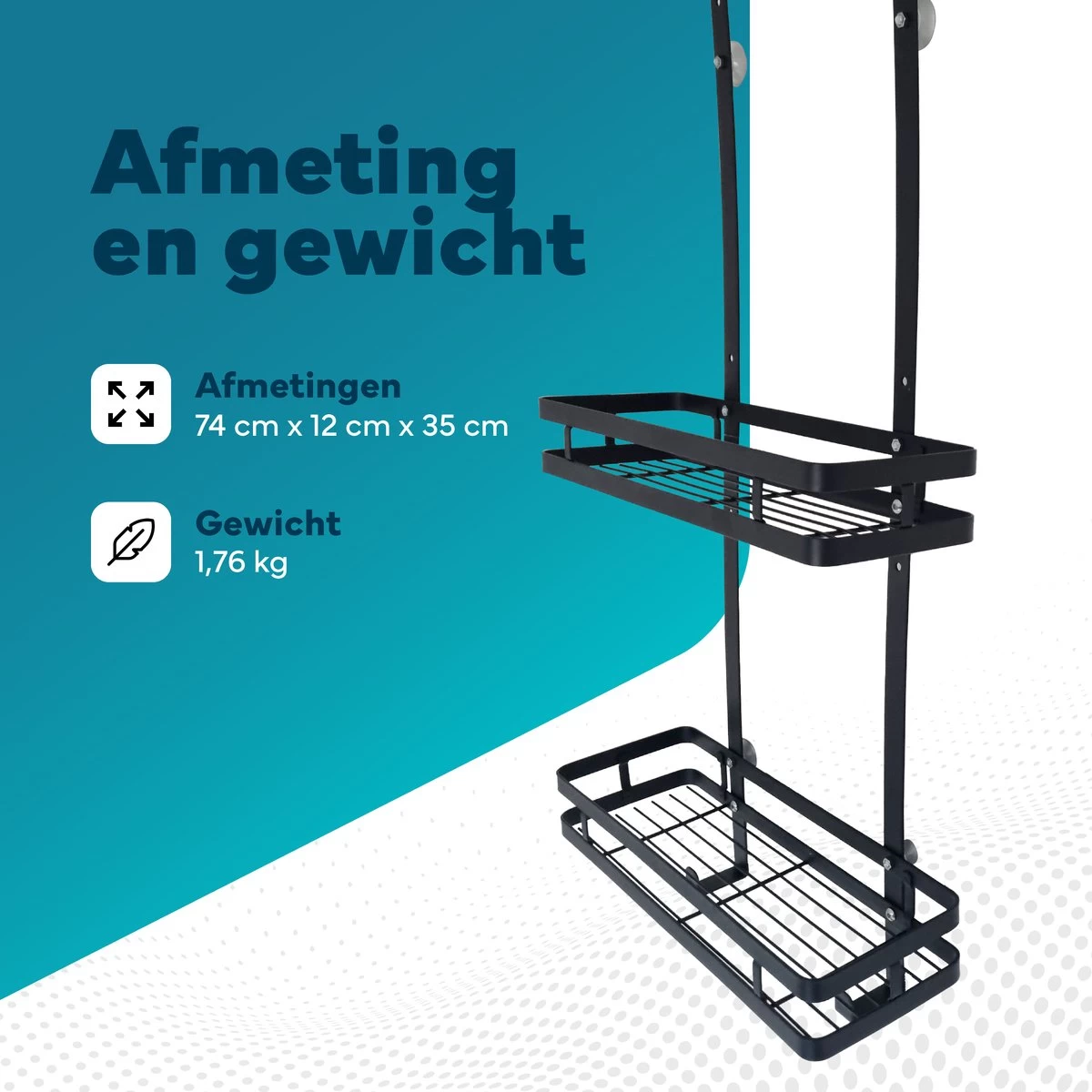 L'eauxe Doucherek Hangend Zonder Boren - Ophangbaar Badkamerrek Aan Douchewand - Opbergrek - Badkamer Accessoires - RVS - Zwart - Cadeau - Afbeelding 2