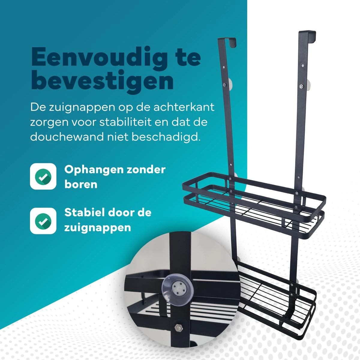 L'eauxe Doucherek Hangend Zonder Boren - Ophangbaar Badkamerrek Aan Douchewand - Opbergrek - Badkamer Accessoires - RVS - Zwart - Cadeau - Afbeelding 5