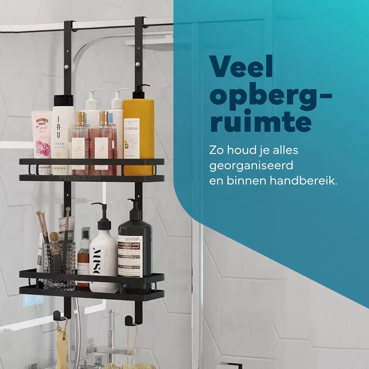 L'eauxe Doucherek Hangend Zonder Boren - Ophangbaar Badkamerrek Aan Douchewand - Opbergrek - Badkamer Accessoires - RVS - Zwart - Cadeau - Afbeelding 10