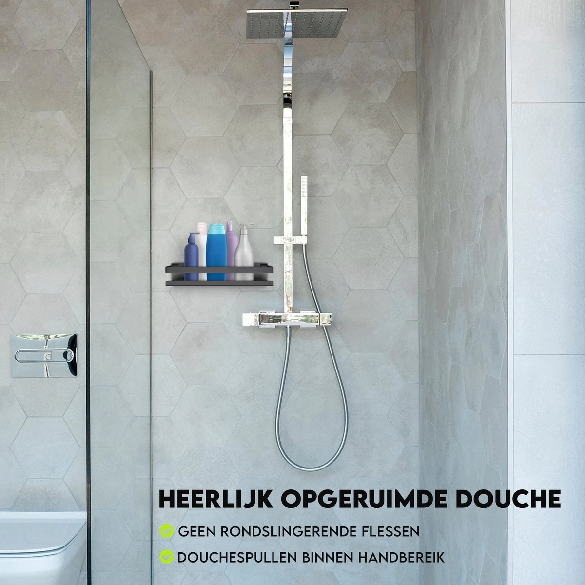 Doucherek Zwart 30 CM - Badkamer Rekje Douche - Zonder Boren - Douchemandje - Afbeelding 2