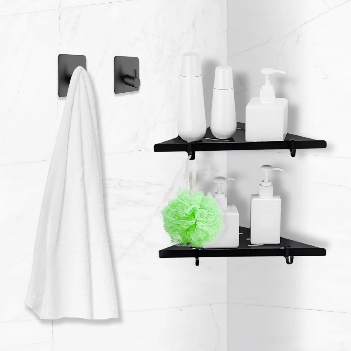 Dubbele Doucherek Zwart Zonder Boren – Sterke Lijmbasis - Badkamer Rek – Hoek – Doucherekjes – Incl. Schroeven – Incl. 2 Haken