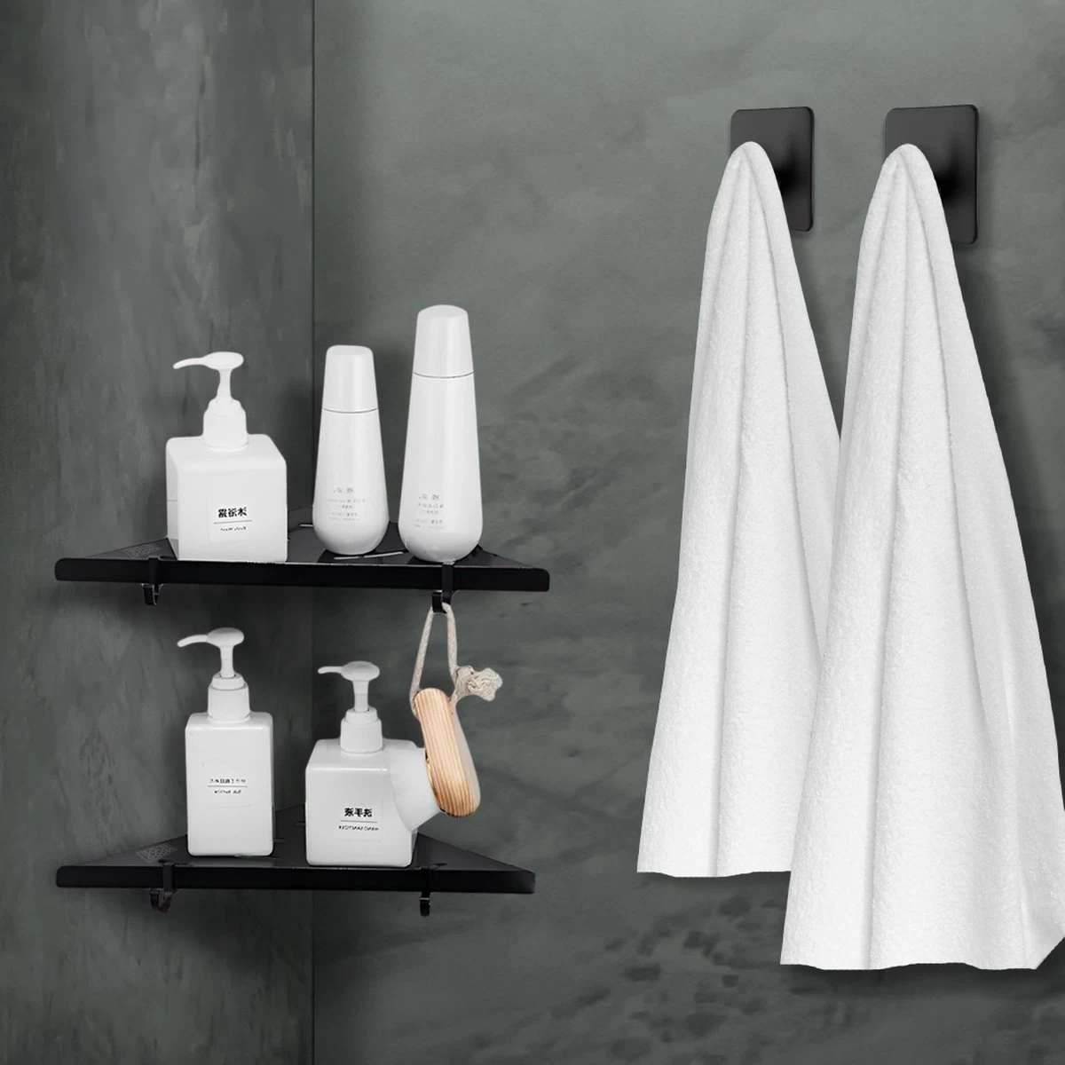 Dubbele Doucherek Zwart Zonder Boren – Sterke Lijmbasis - Badkamer Rek – Hoek – Doucherekjes – Incl. Schroeven – Incl. 2 Haken - Afbeelding 5