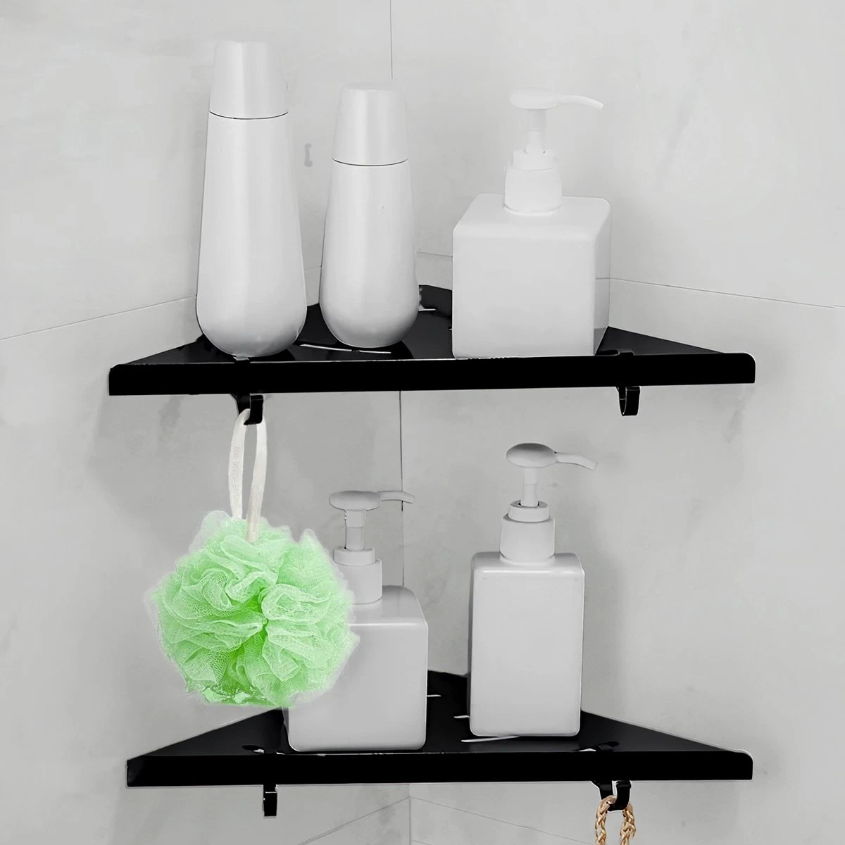 Dubbele Doucherek Zwart Zonder Boren – Sterke Lijmbasis - Badkamer Rek – Hoek – Doucherekjes – Incl. Schroeven – Incl. 2 Haken - Afbeelding 8