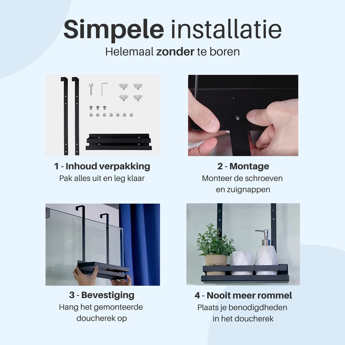 Doucherek Hangend - Ophangbaar Doucherek - Mat Zwart - Badkamerrek - Zonder Boren - Doucherek Aan Douchewand - Doucherekje - Afbeelding 9