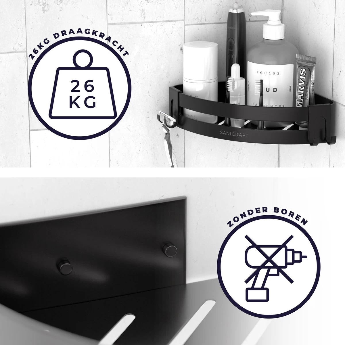 Sanicraft® Doucherekje - Doucherekje Zonder Boren - Geschikt Voor Elk Type Muur - Doucherekje Hangend - Doucheplank - Doucherekje Hoek - Doucherekje Zwart - Afbeelding 6