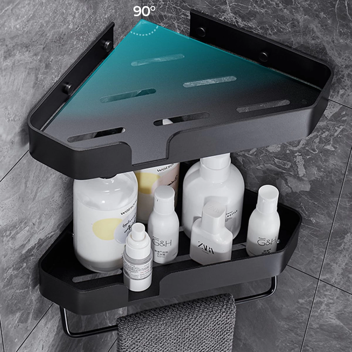 Luxe Doucherek Zonder Boren – 1/2/3 Laags – 32 Cm – Hangend – Aluminium – Zwart - Afbeelding 9