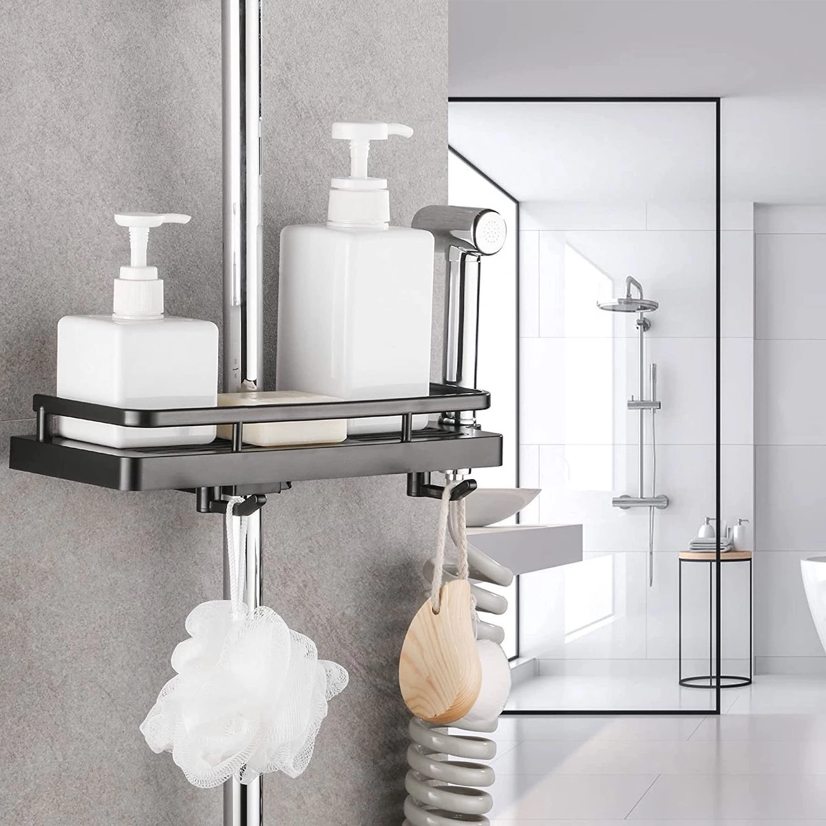 Merkloos Douchestang Opbergrek - Zonder Boren - Luxe - Zwart - Shampoohouder - Zeephouder - Opbergrek - Douche - Douchegelhouder - Afbeelding 4