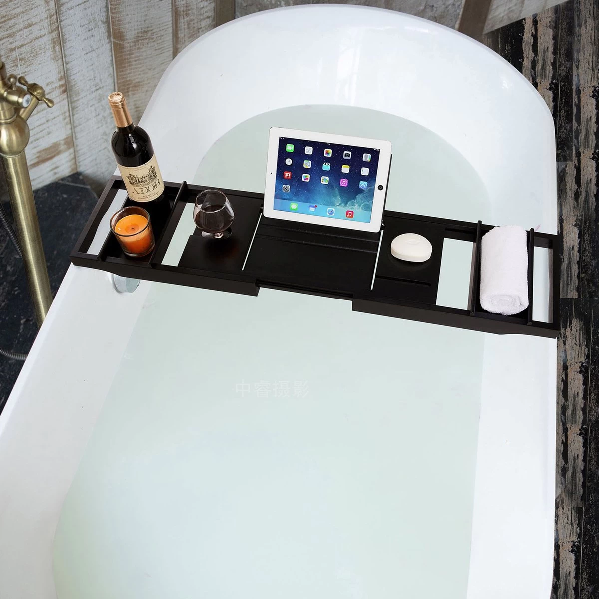 ACAZA Badrekje - Uitschuifbare Bamboe Bad Brug (Min 75 Cm - Max 109cm) - Verstelbare Plank Voor In Bad Met Tablet Houder - Zwart - Afbeelding 5