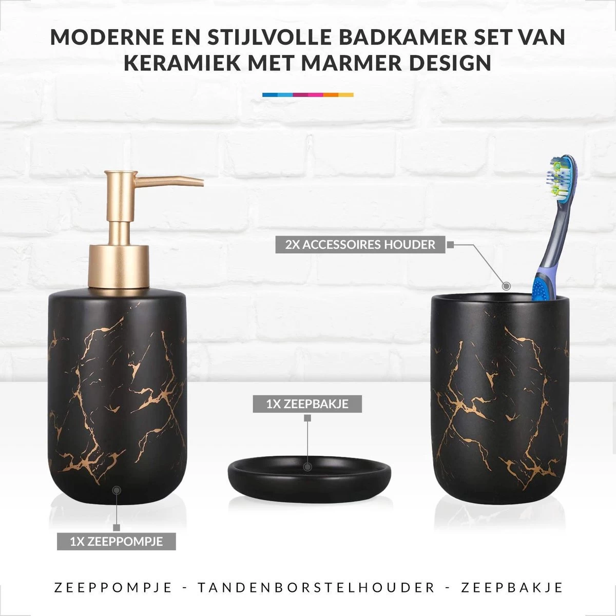 Badkamer Accessoires Set – Tandenborstelhouder –Zeeppompje Zeepbakje – Keramiek Met Marmer Design – Zwart - Afbeelding 2