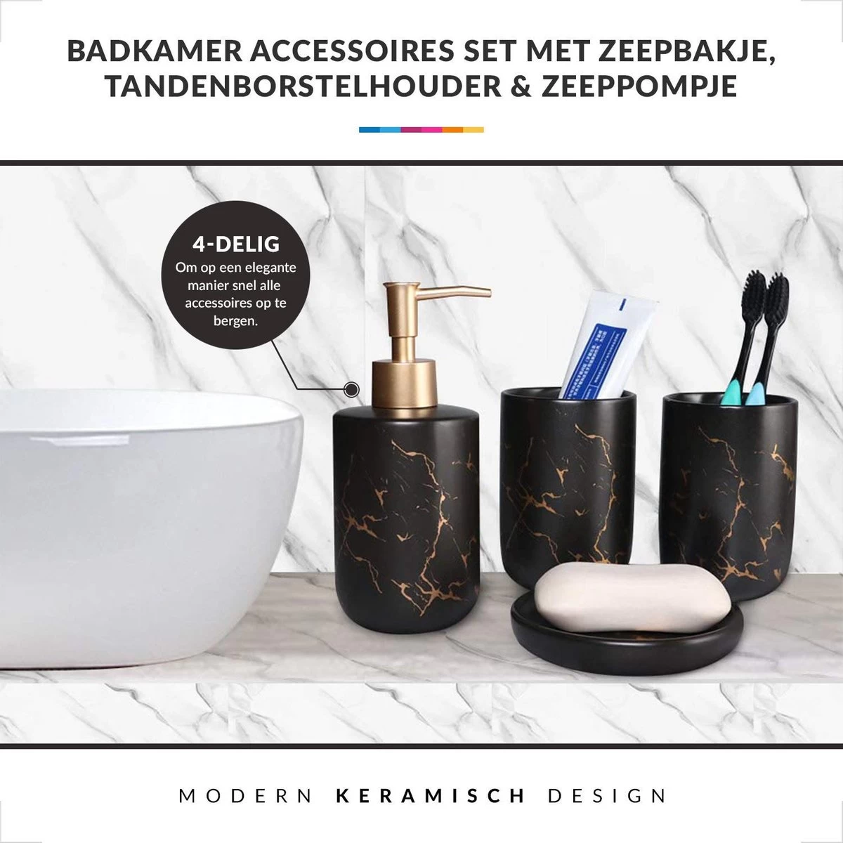 Badkamer Accessoires Set – Tandenborstelhouder –Zeeppompje Zeepbakje – Keramiek Met Marmer Design – Zwart - Afbeelding 3