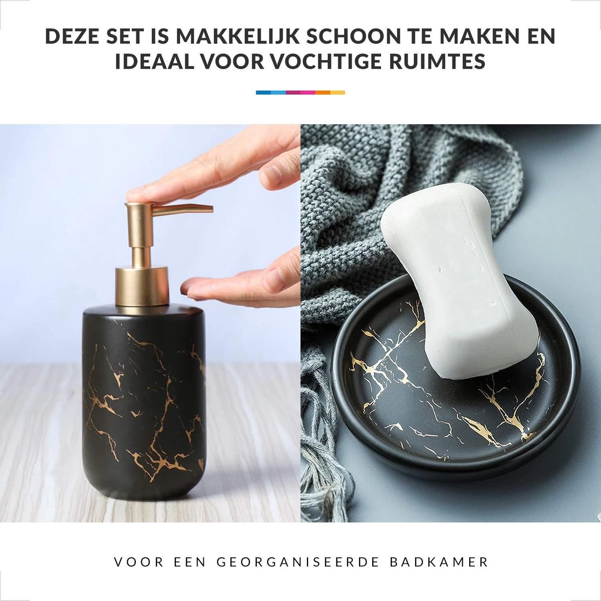 Badkamer Accessoires Set – Tandenborstelhouder –Zeeppompje Zeepbakje – Keramiek Met Marmer Design – Zwart - Afbeelding 4