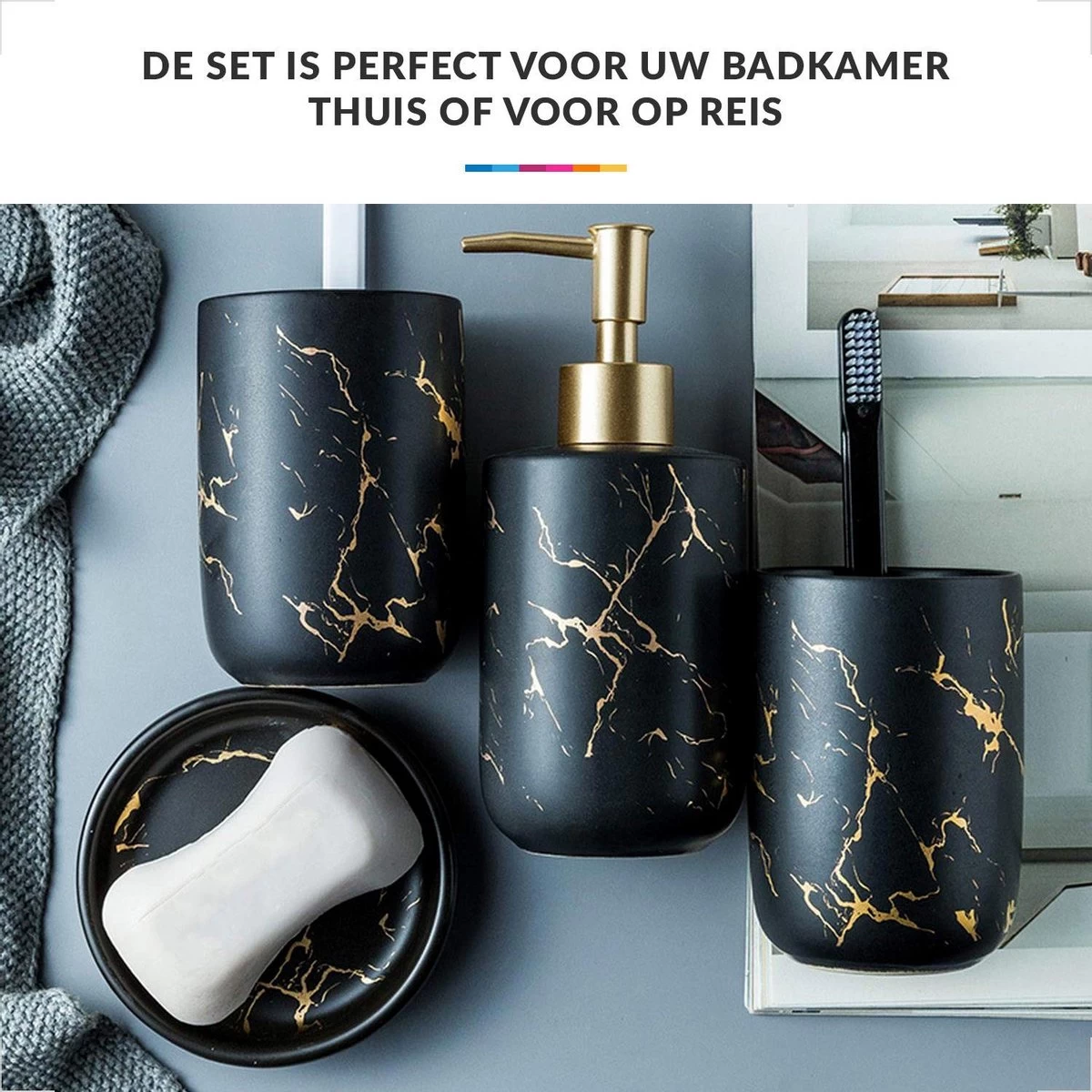 Badkamer Accessoires Set – Tandenborstelhouder –Zeeppompje Zeepbakje – Keramiek Met Marmer Design – Zwart - Afbeelding 6