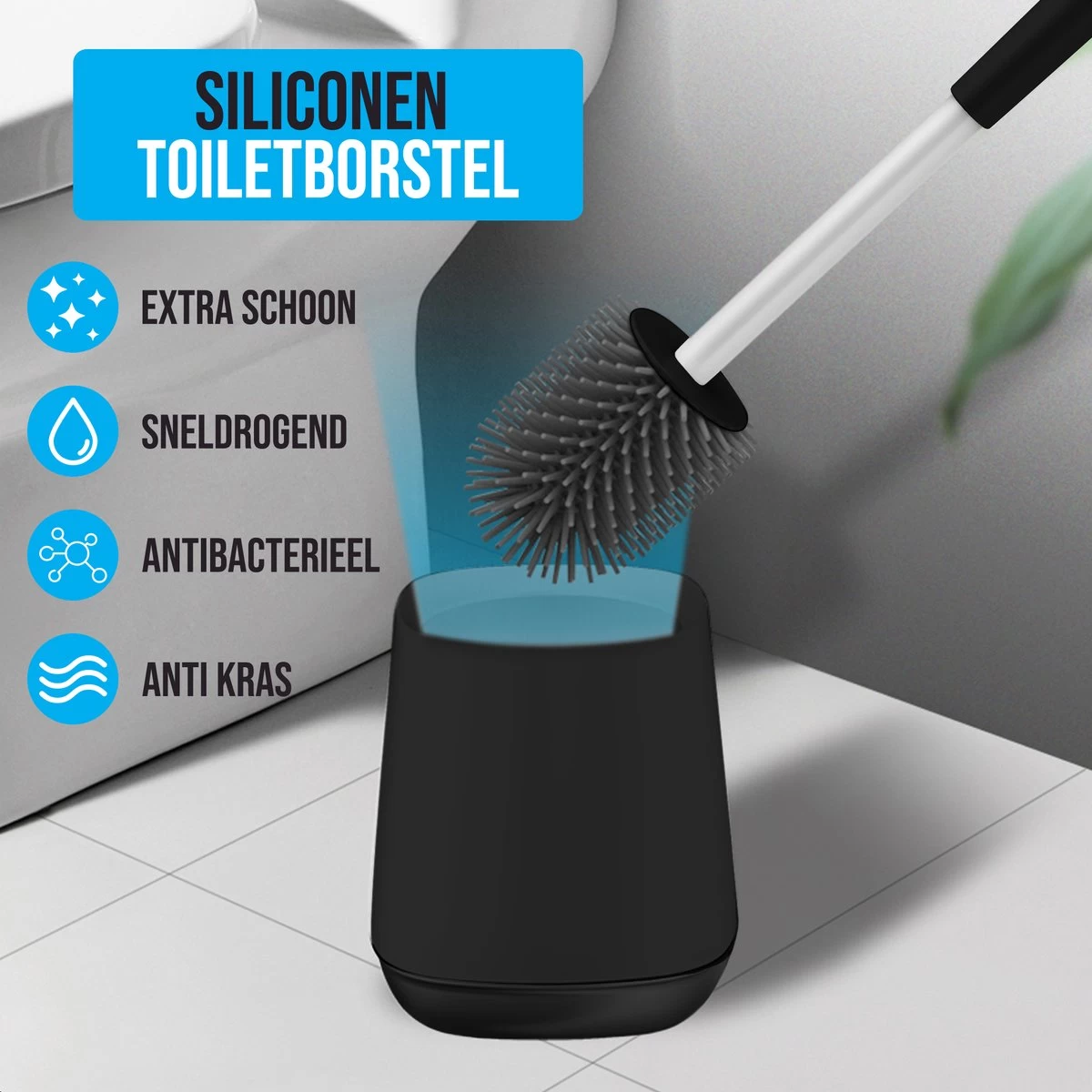 Strex Toiletborstel Siliconen Met Houder Zwart - Sneldrogend, Hygiënisch & Antibacteriële Werking - WC Borstel - Toilet Borstel Houder - Afbeelding 2