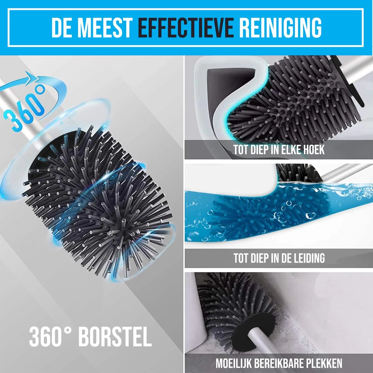 Strex Toiletborstel Siliconen Met Houder Zwart - Sneldrogend, Hygiënisch & Antibacteriële Werking - WC Borstel - Toilet Borstel Houder - Afbeelding 4