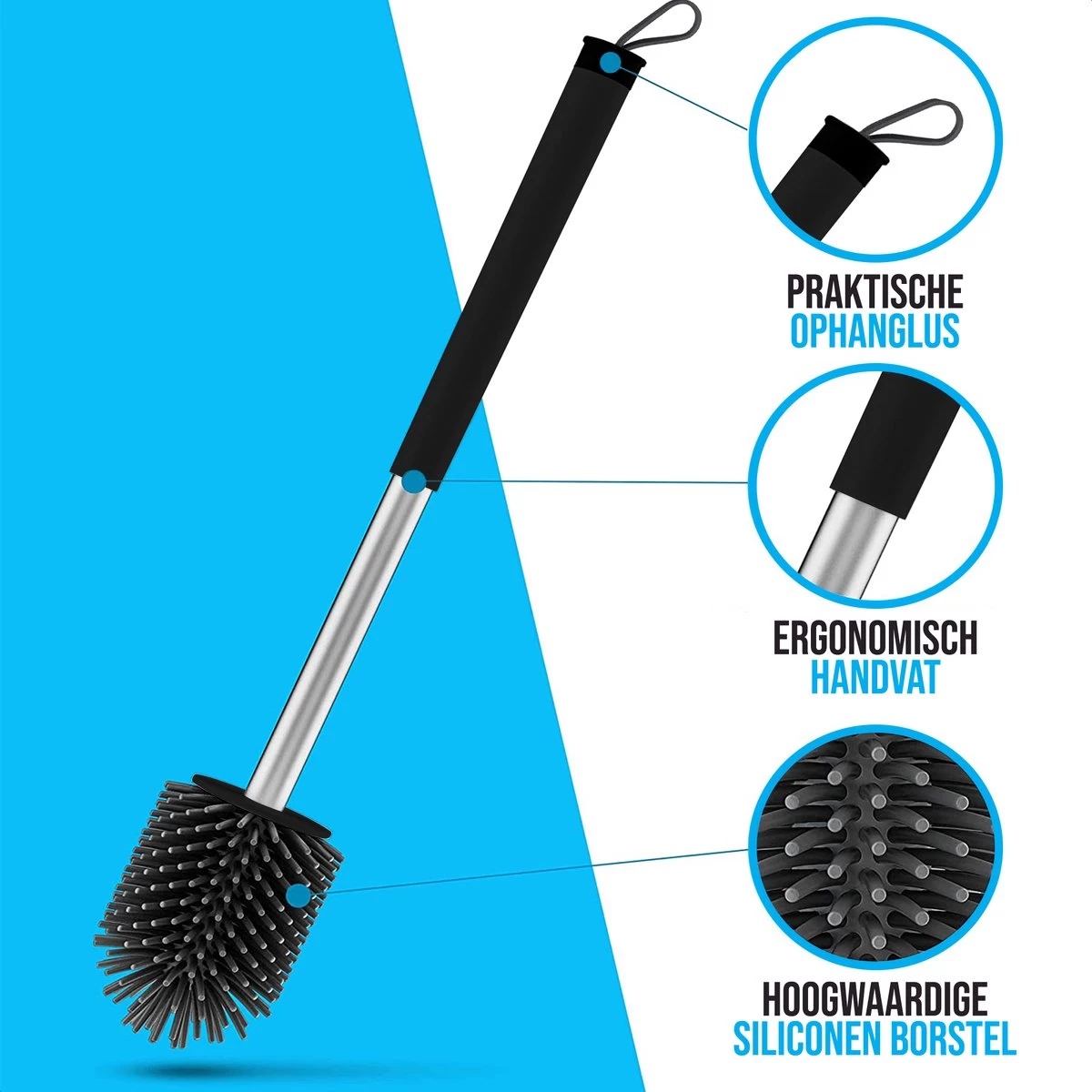 Strex Toiletborstel Siliconen Met Houder Zwart - Sneldrogend, Hygiënisch & Antibacteriële Werking - WC Borstel - Toilet Borstel Houder - Afbeelding 5