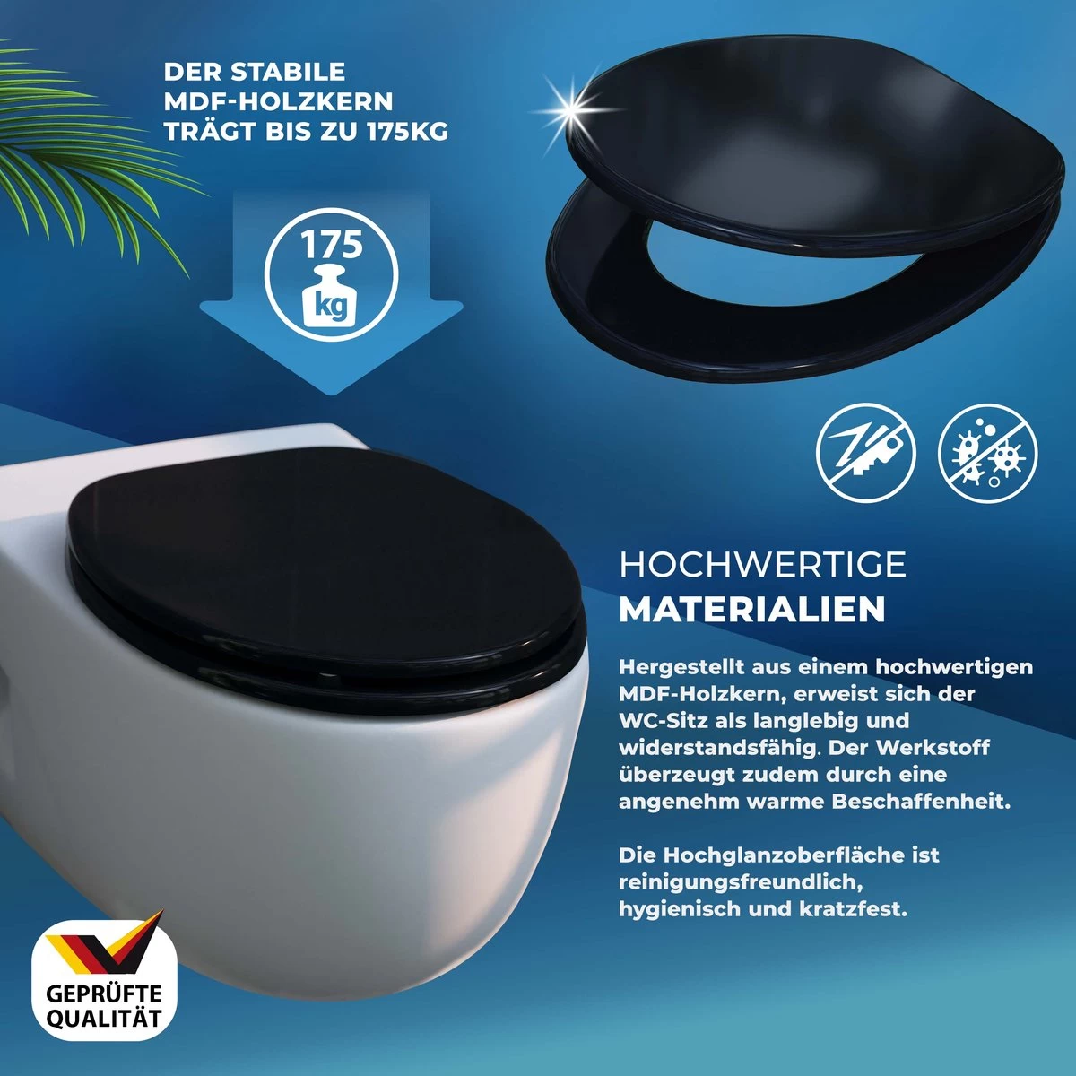 Casaria Wc-bril Met Deksel Sluitingsmechanisme Toiletzitting MDF Zwart - Afbeelding 4