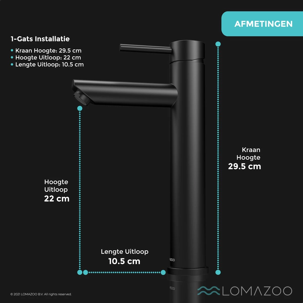 LOMAZOO Wastafelkraan Zwart Ceres - Badkamerkraan - Wastafel Kraan - Mengkraan Wastafel - Hoge Uitloop - Afbeelding 7