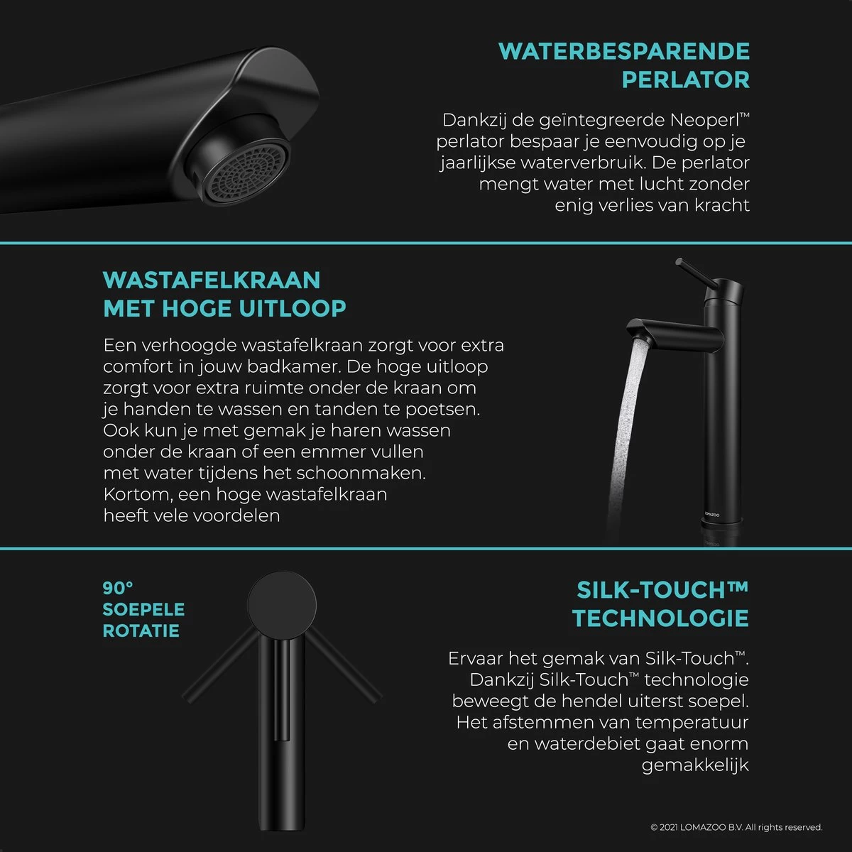 LOMAZOO Wastafelkraan Zwart Ceres - Badkamerkraan - Wastafel Kraan - Mengkraan Wastafel - Hoge Uitloop - Afbeelding 10