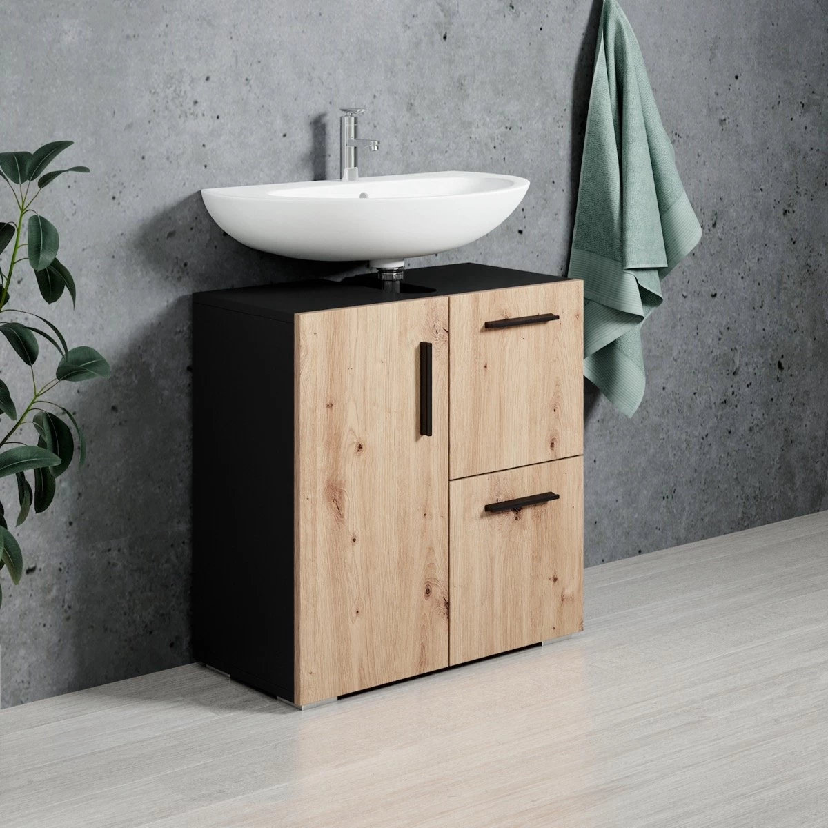 Badplaats Wastafel Onderkast Mars 60 Cm X 30 Cm X 60 Cm - Zwart Met Eiken - Badkamerkast – Staand Wastafelmeubel - Afbeelding 4