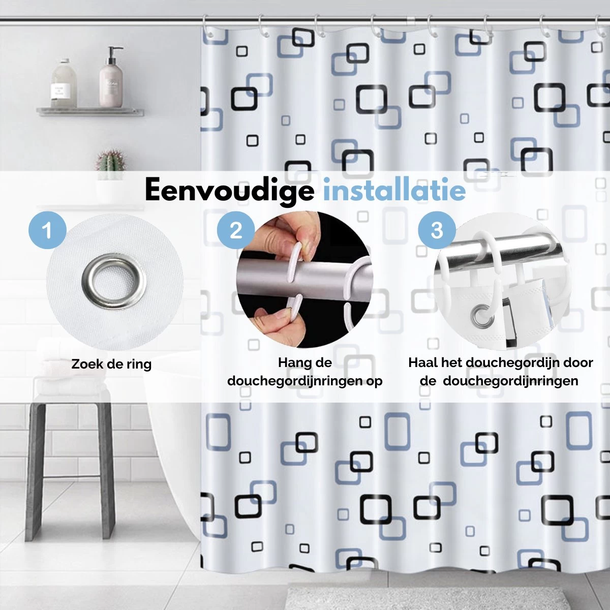 VAIVE Douchegordijn Blauw 180x200 - Anti Schimmel - Douchegordijnen - Ringen - Afbeelding 3