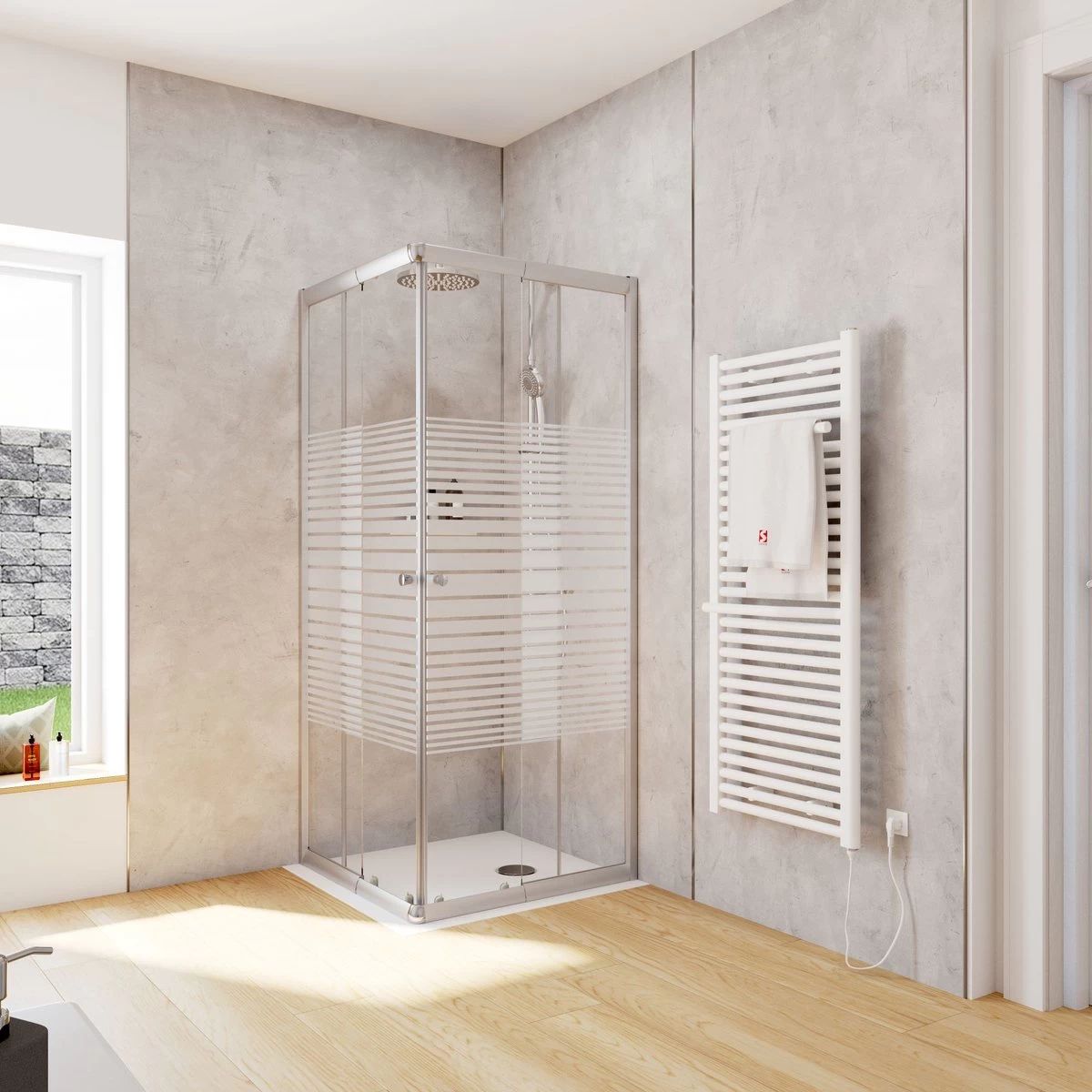 Schulte Douchecabine - Sunny Hoekinstap Met Schuifdeuren - Groot Verstelbereik 73,5 Tot Max. 88,5 Cm Hoogte 180 Cm - Zilverkleur Profiel- Veiligheidsglas Met Een Streepdecor - Montage Op Douchebak Of Direct Op De Douchevloer. - Afbeelding 10