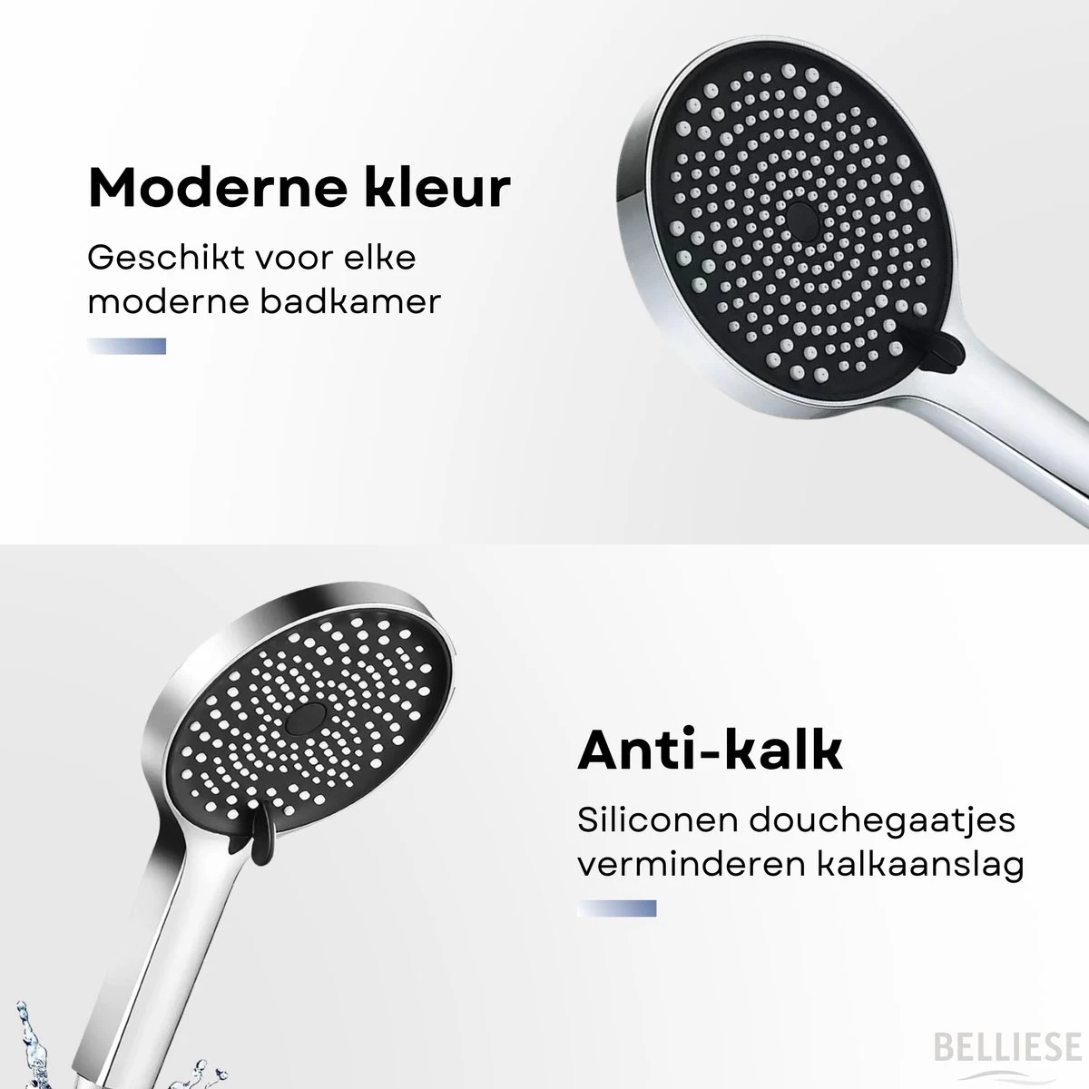 Belliese Doucheset Wellness- Douchekop - Doucheslang - Douchekophouder - Douchekop Met Slang - Waterbesparende Douchekop - Badkamer Accessoires - Montage Zonder Boren - 3 Standen - Zilver - Afbeelding 3